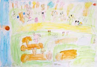 かわのそばであそんでるどうぶつたち