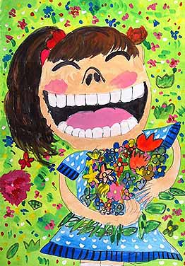 花とみどりにかこまれてしあわせえがお