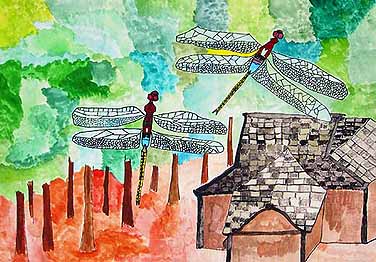 神社の上を飛ぶトンボ