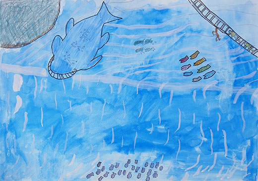 大きな滝と大きなクジラ