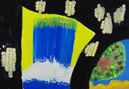 どうくつで光るヒカリキノコバエの幼虫と滝