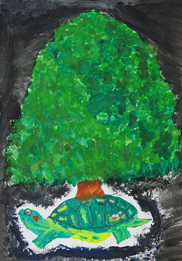 かめの上にのびる１本の木