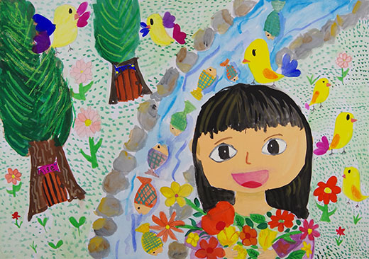 トリ、花にかこまれてすみたいな。