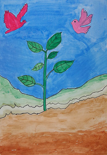 幸せを呼ぶピンクの鳥と新芽