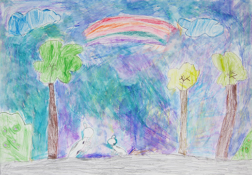 にじをみてるウサギのおやこ