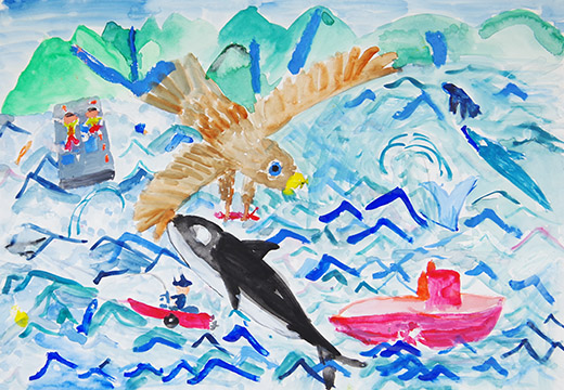 ワシが海の上にとんだ