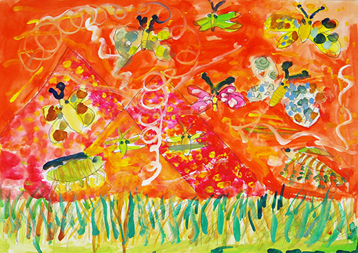 夕日。こうようのモンシロチョウ、モンキチョウ