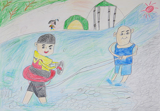 おじいちゃんとかわにはいったよ