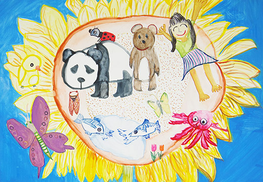 ひまわりの上の動物たち