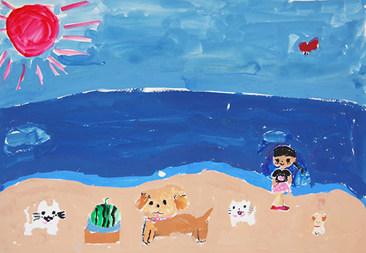 女の子と、いぬとねこ