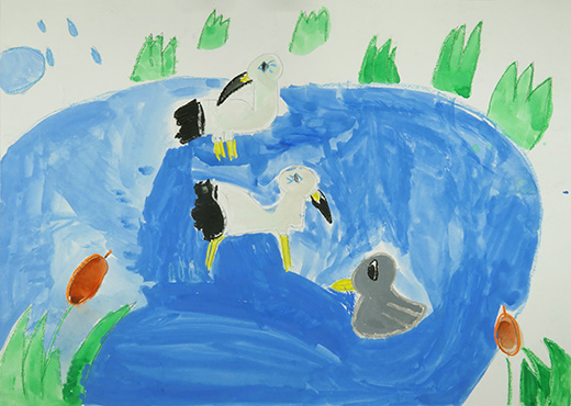 とりたちがいけにあつまる