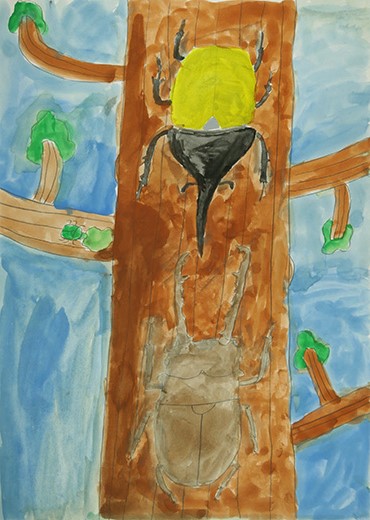 かぶとと、くわがたが、たたかう