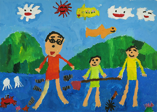 とうちゃんをつつくイシダイ