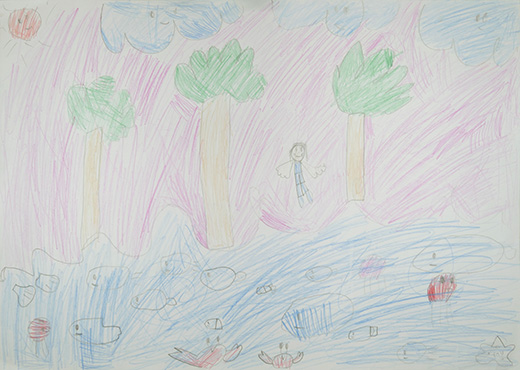 じぶんがくさのところであそんでいた　海のところであそんでた