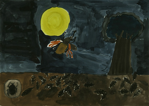 元気よく空を飛ぶカブトムシ