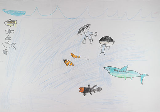 いたちザメがさかなたちをねらっている