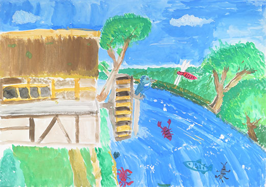 水車と水辺の生き物