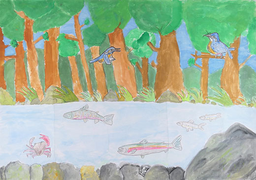 ゆうがにとぶカワセミと、ゆうがにおよぐさかなたち