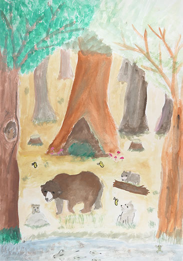 楽しくあそぶ子熊とそれを見守る親熊