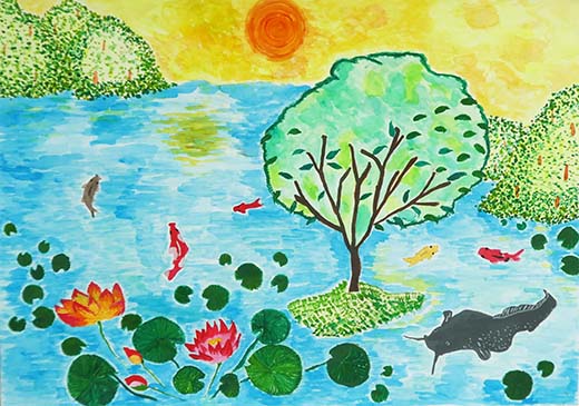 湖にうかぶ水蓮と、元気な生きものたち