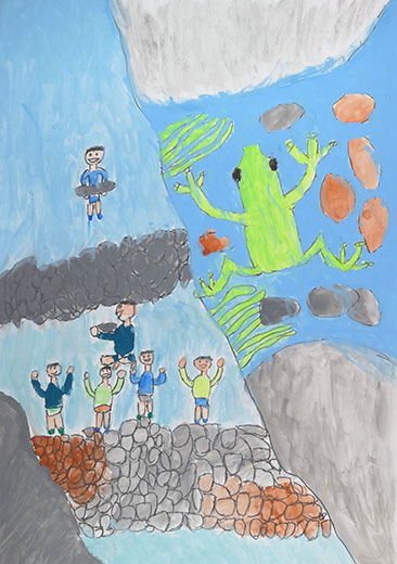 川遊び、きれいな水でカエルみつけたよ