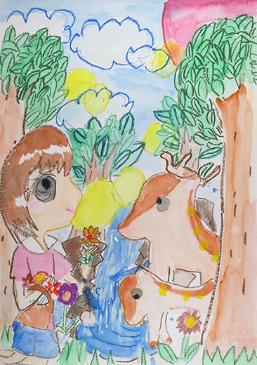 しかの親子と花をつむ少女