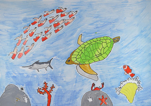 ハタタテハゼのむれとカメのいる青い海