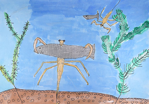 ミズカマキリが魚を食べているところ