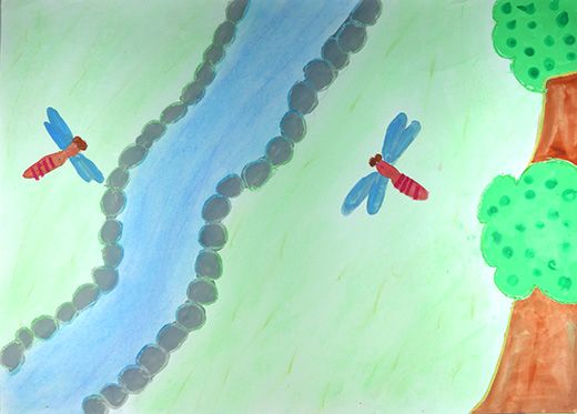 小川と赤いとんぼ