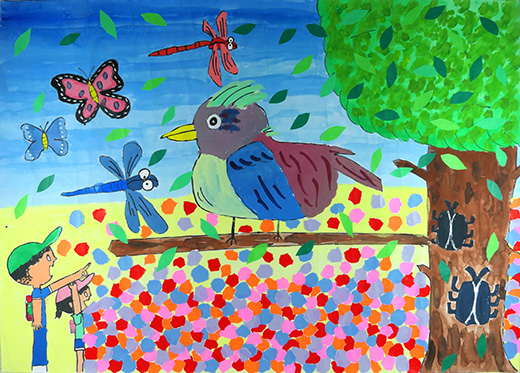 草原の中できれいな小鳥見ぃつけた！