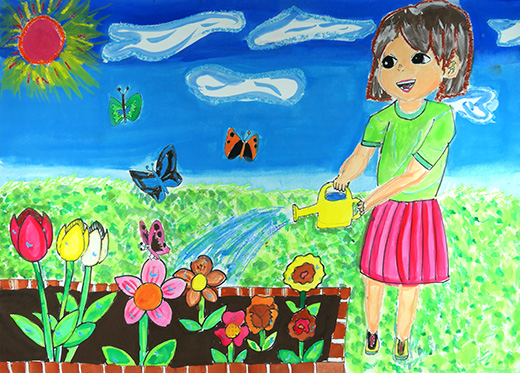 きれいなお花とはしゃぐ蝶