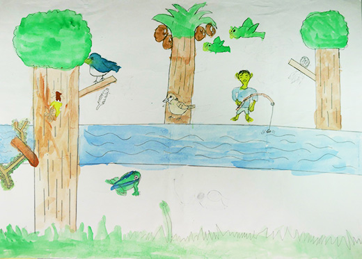 生き物がたくさんいる森の川でつりをする子ども