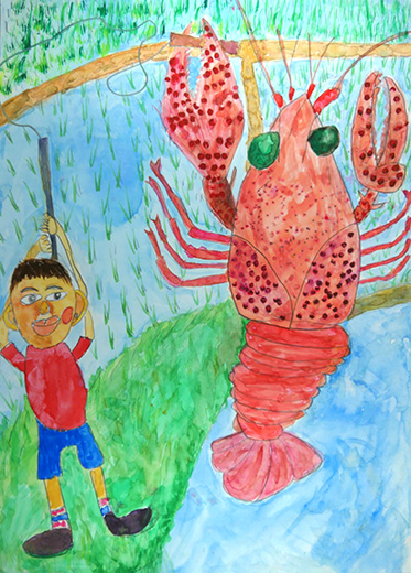 見て見て釣れたよ！ぼくのザリガニ