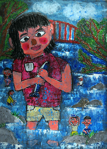 きれいな川で魚取り