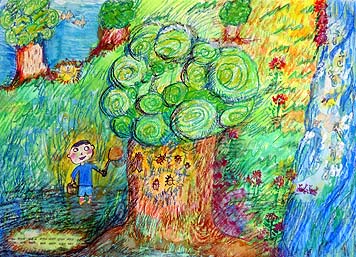 やさしい大きな木にあつまる虫たちとぼく