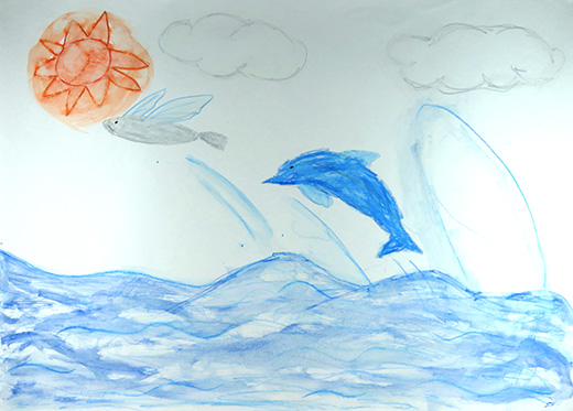 トビウオとイルカがなかよくあそぶ