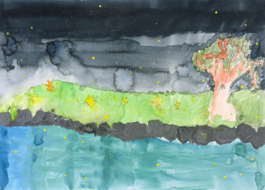 真夜中をてらすホタルと川