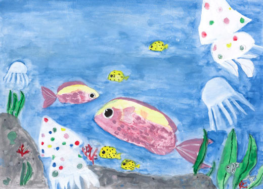 きれいな海とフタイロハナダイとケンサキイカ