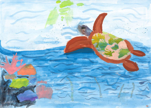 まばゆい光に向かうカメ