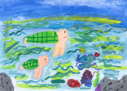 絵の中に入ったカメの親子