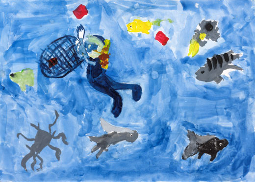 ごみひろいをするダイバーさん