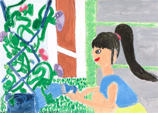 あさがおに水やりする妹