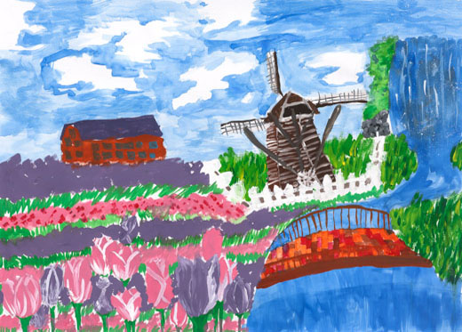 風車と花ばたけ