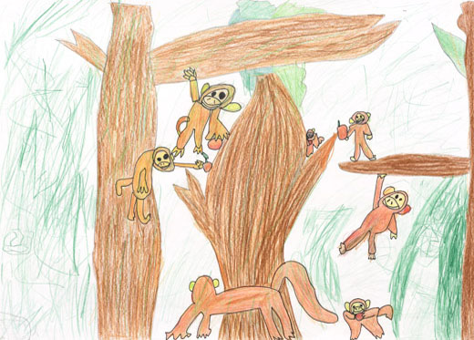 大きな森とたくさんの果物、楽しく遊ぶオランウータン