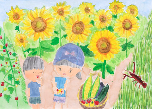 おとうととおいしいやさいをたくさんとったよ