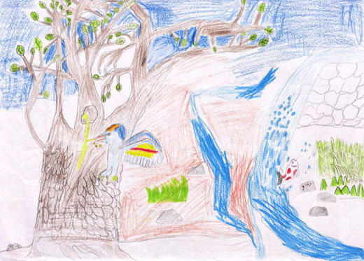 きつつきがしるをのんでいるときにコイがジャンプ！