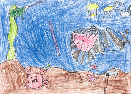 海の中にごみがおちて魚がごみをたべてしまう