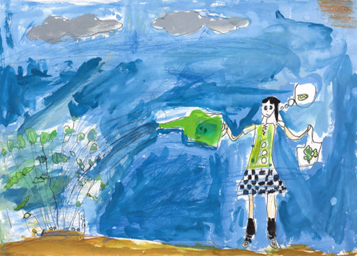 えだまめにみずやりしているわたし