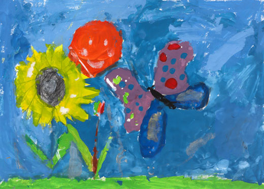 ちょうちょとひまわりとカラフルチューリップ