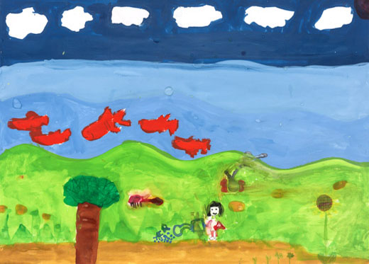 メダカがきれいな川でおよいでいるよ